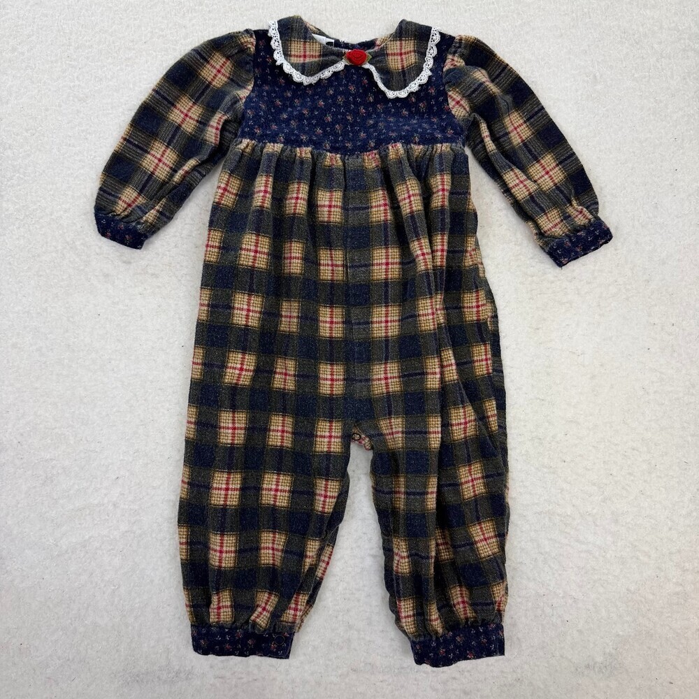 Vintage Jo Lene Dress Floral Plaid Jumpsuit Retro Cottagecore USA Size 18M